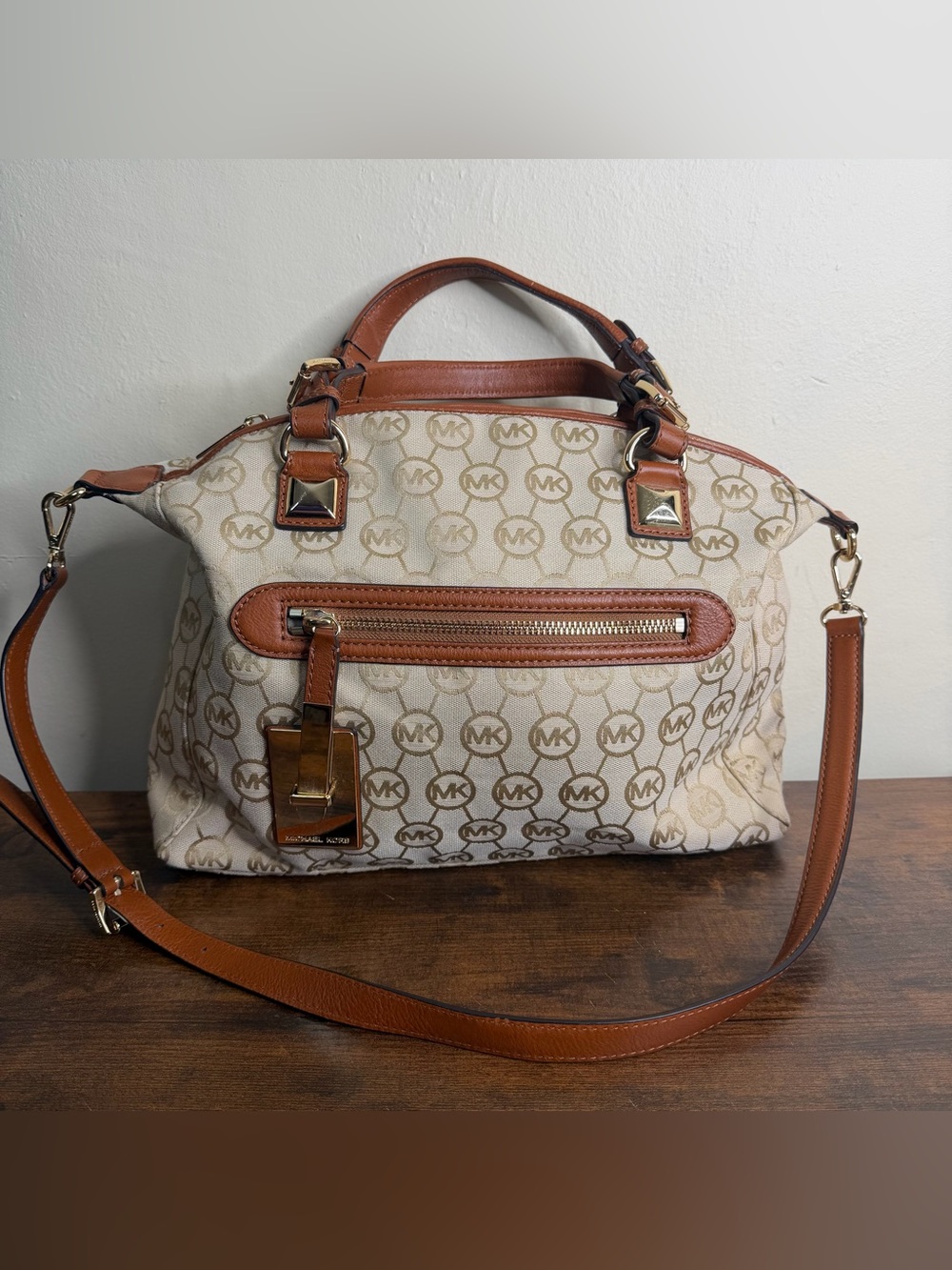 Michael Kors Brown Monogram Jacquard Calista Convertible Handbag